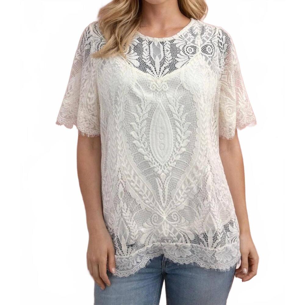 NEW TRENDMATES elegant lace overlay top with keyhole back in ivory
